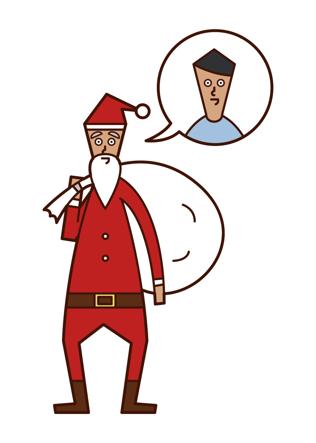 Illustration of Santa Claus (man) disguised by his father