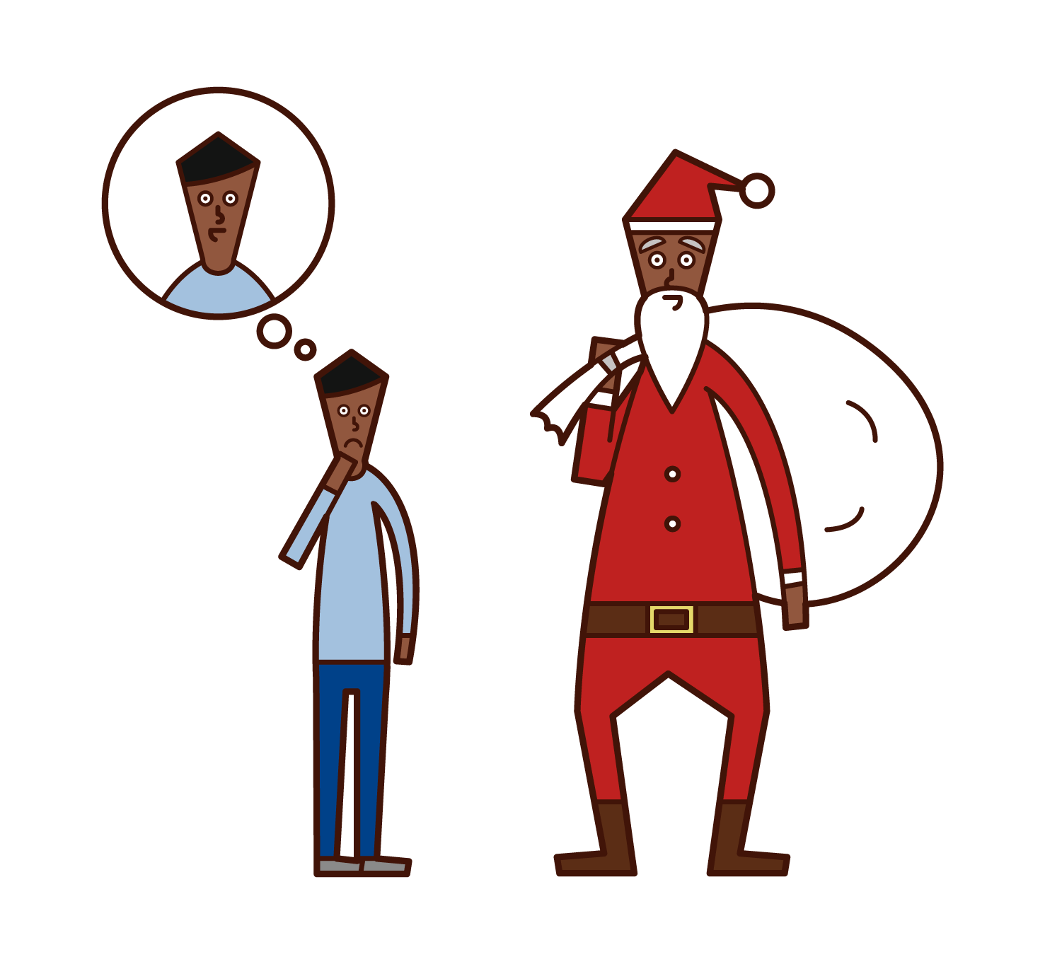 Illustration of a child (boy) who doubts the identity of Santa Claus