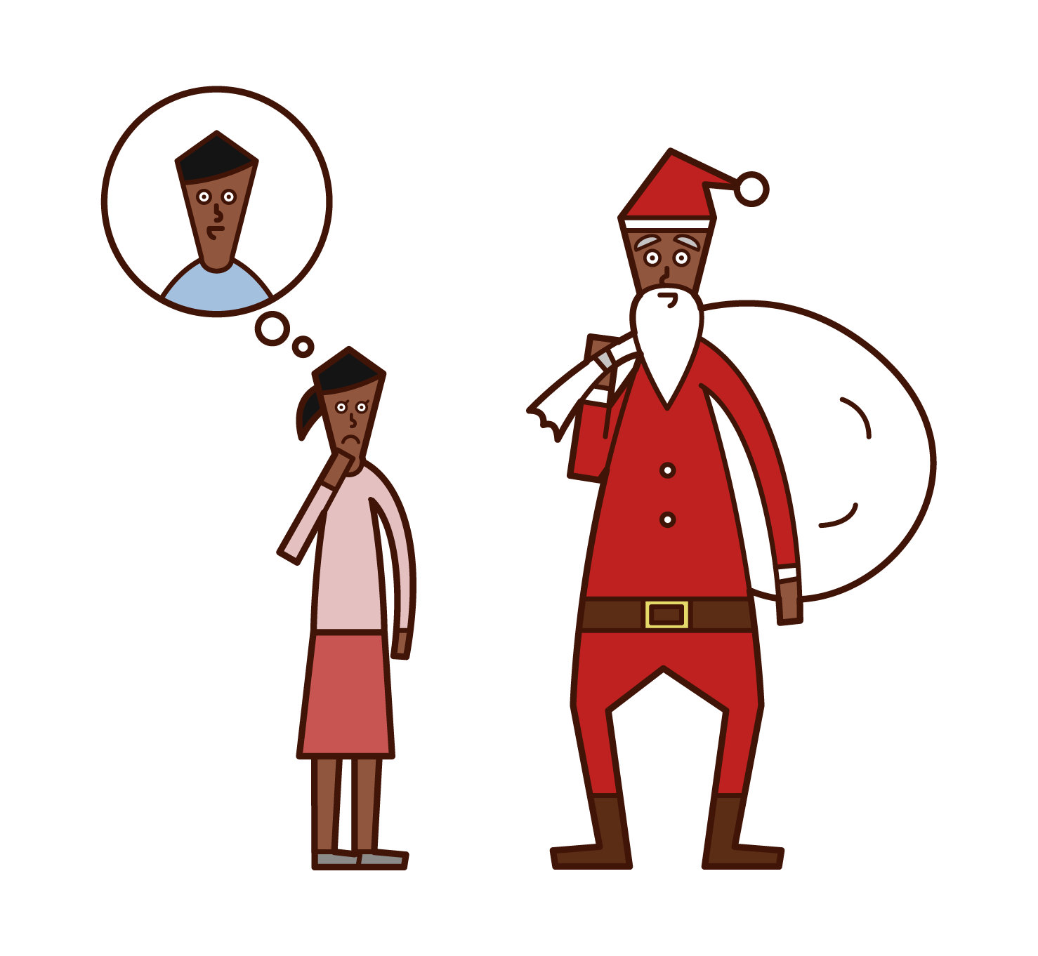 Illustration of a child (girl) who doubts the identity of Santa Claus