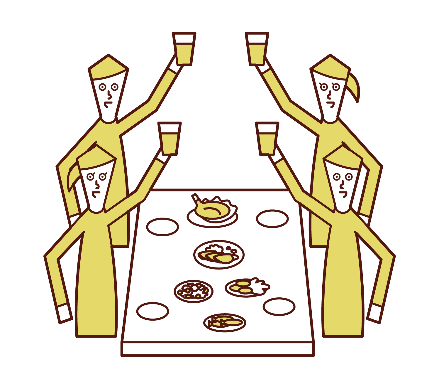 Illustrations of people (men and women) toasting at a standing party