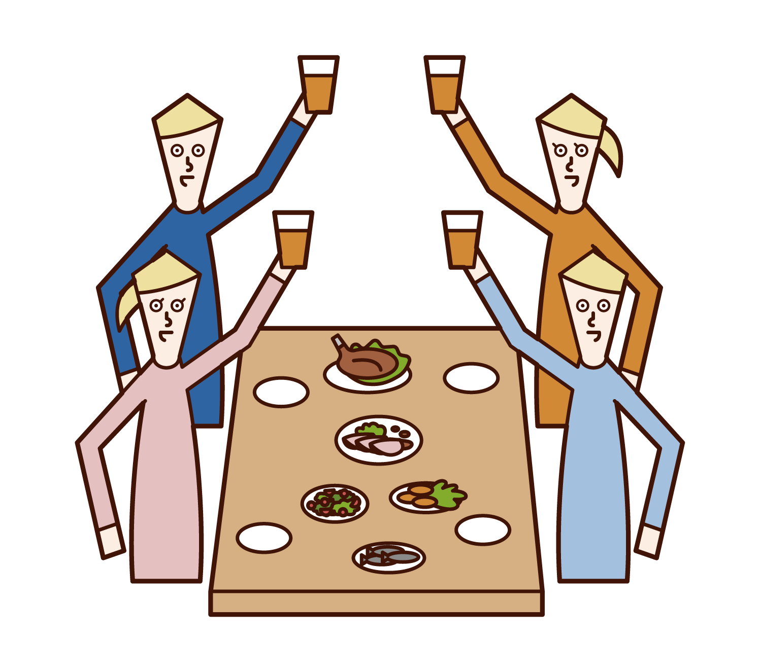 Illustrations of people (men and women) toasting at a standing party