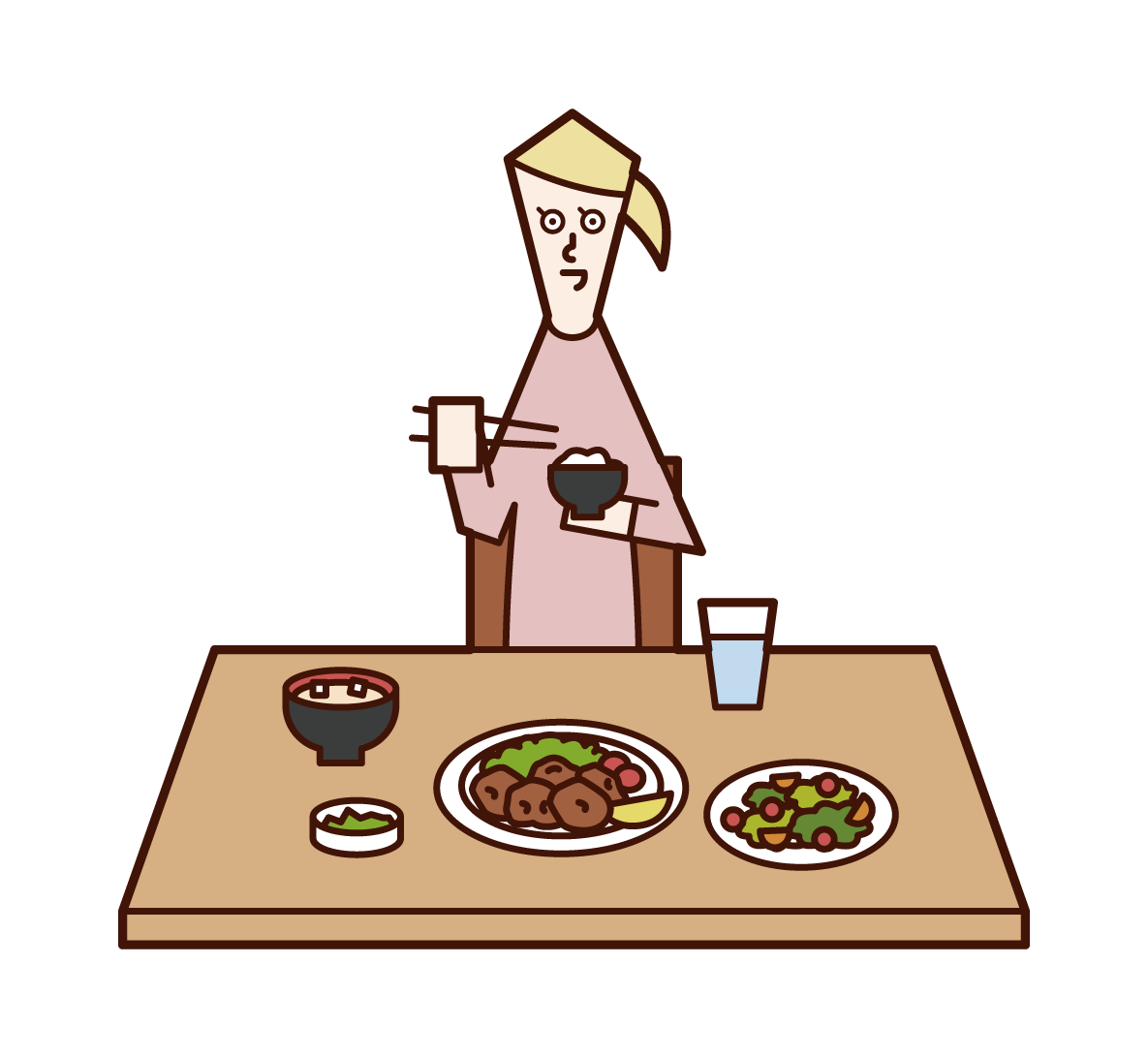 食事をする人（女性）のイラスト