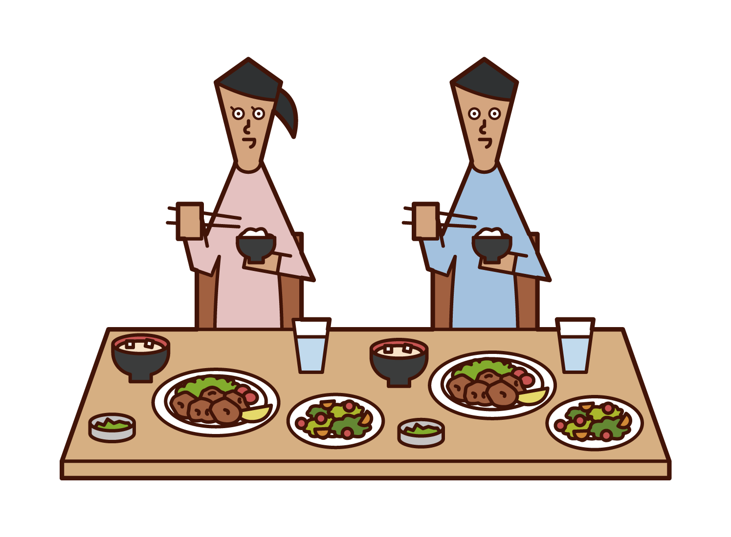 Illustrations of people (men and women) eating