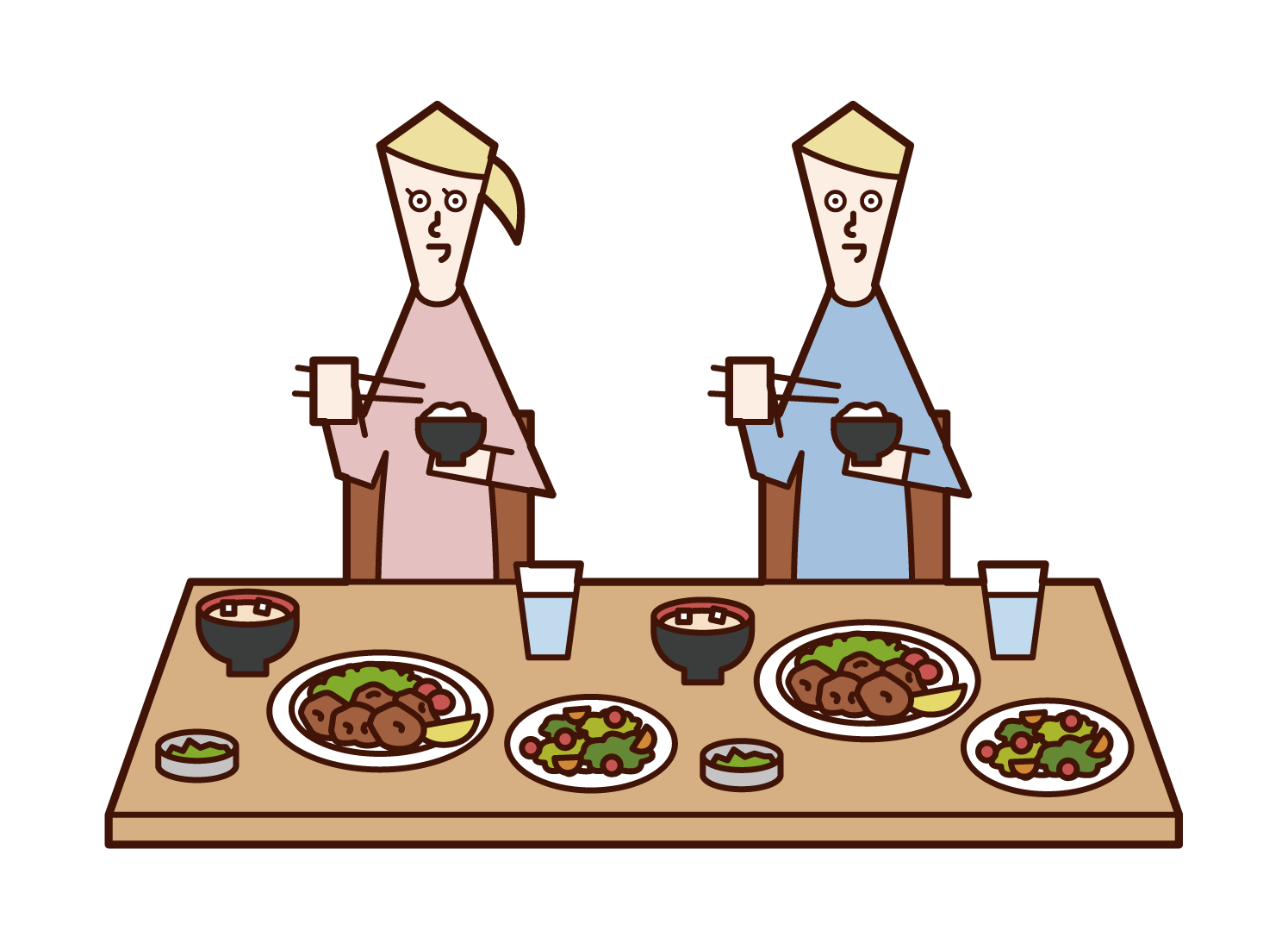 Illustrations of people (men and women) eating