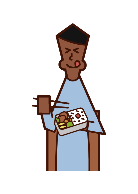 Illustration of a man eating a delicious bento