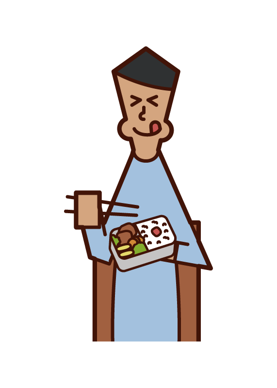 Illustration of a man eating a delicious bento