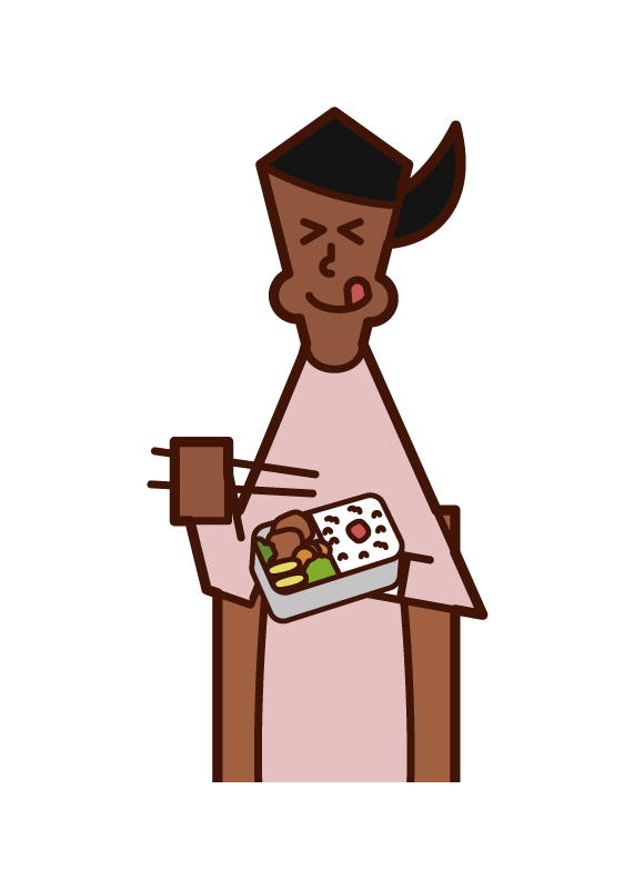 Illustration of a woman eating a delicious bento