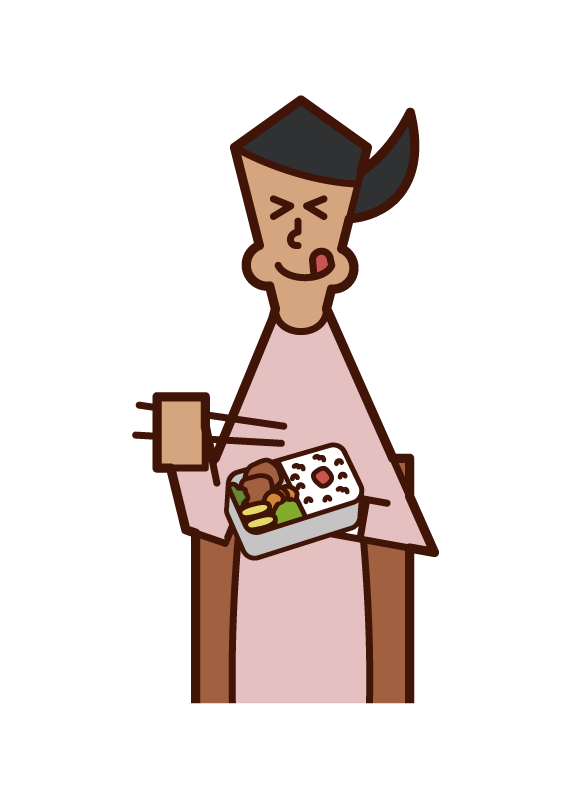 Illustration of a woman eating a delicious bento