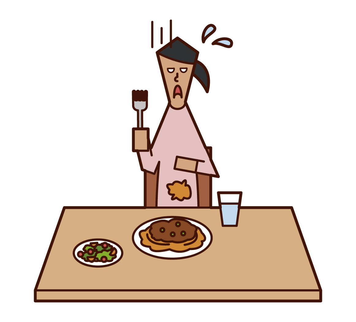 Illustration of a woman who spilled food and soiled her clothes