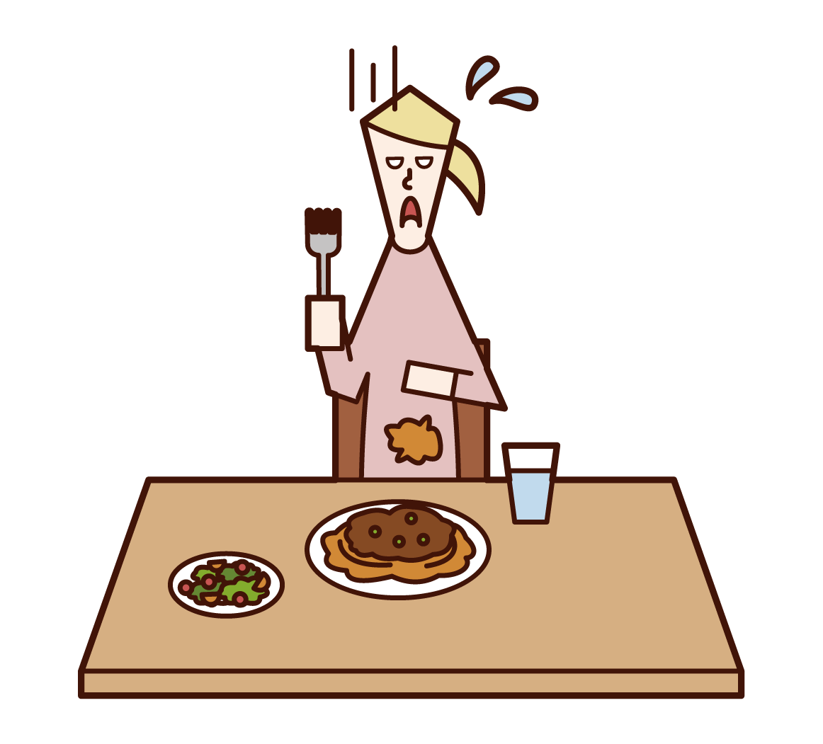 Illustration of a woman who spilled food and soiled her clothes