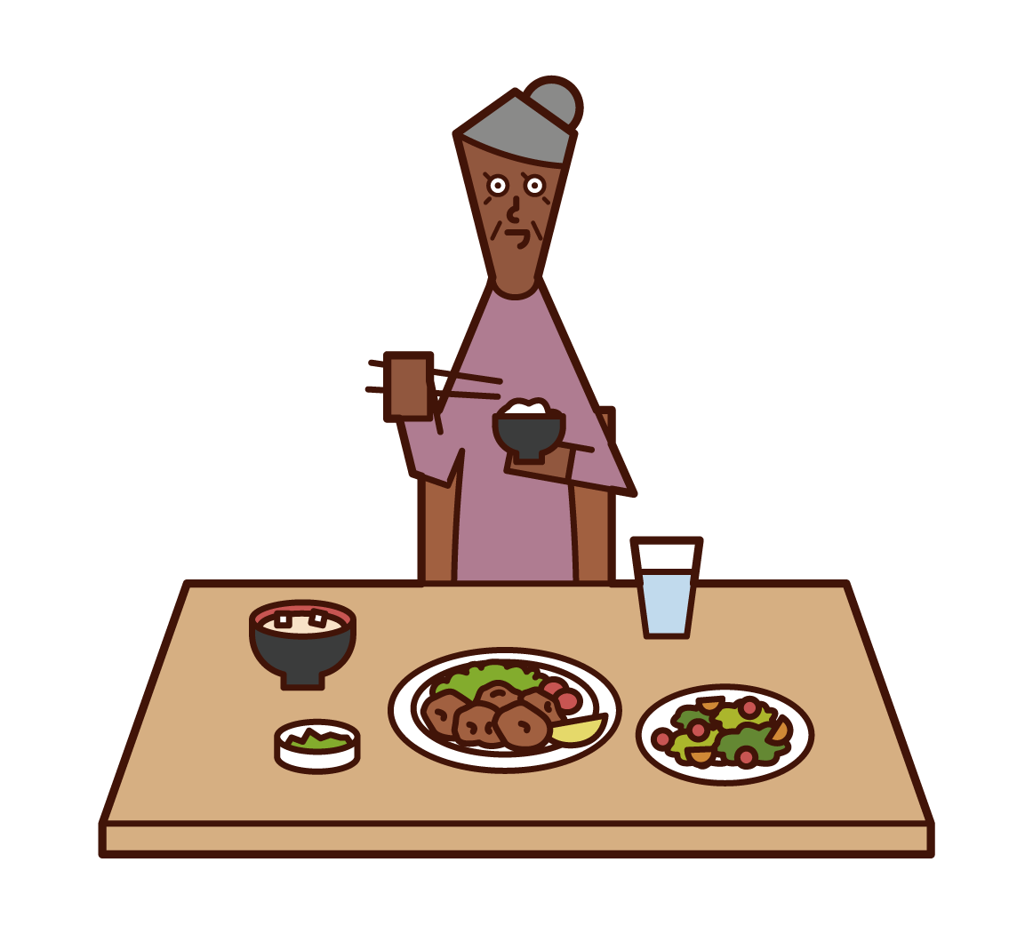 食事をする老人（女性）のイラスト