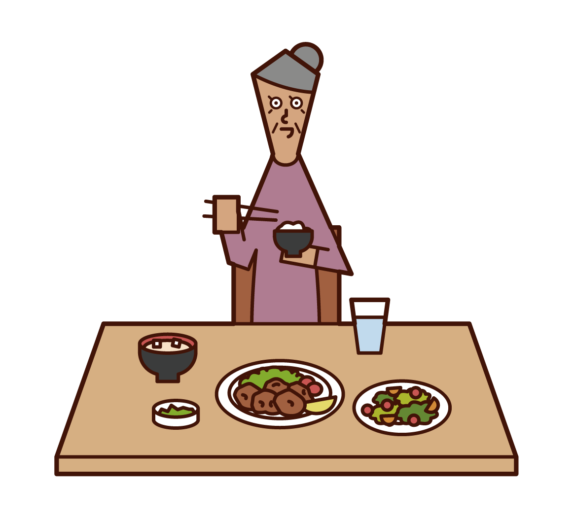 食事をする老人（女性）のイラスト