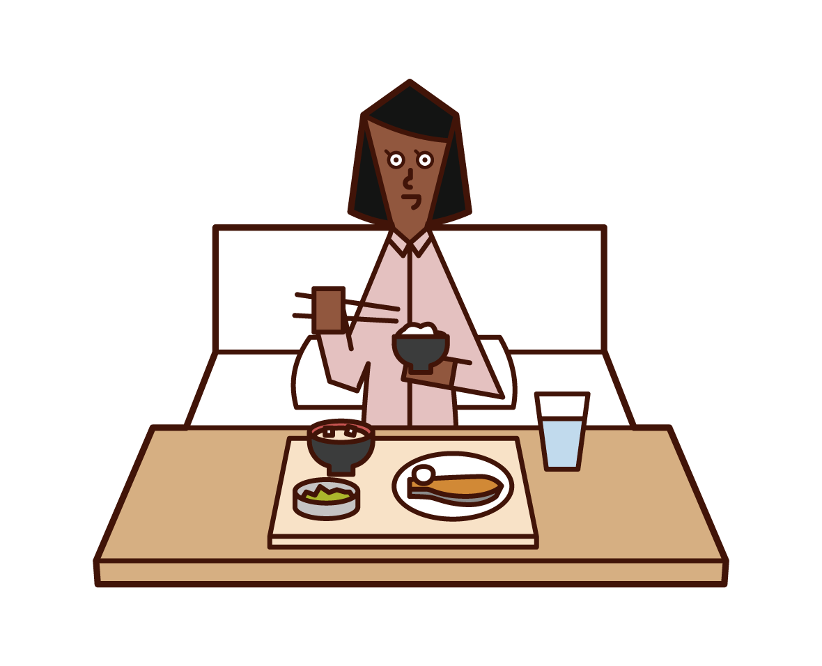 病院で食事をする人（女性）のイラスト