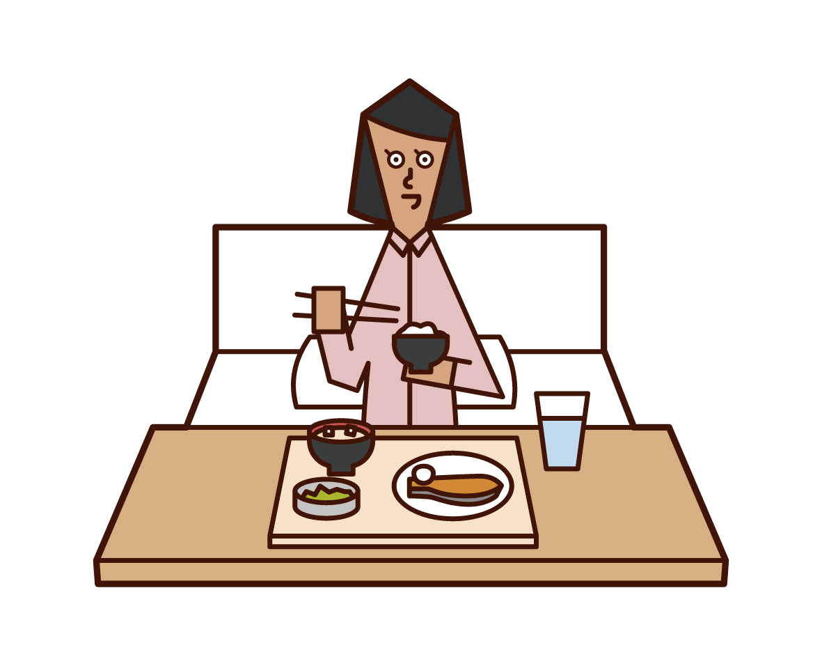 病院で食事をする人（女性）のイラスト