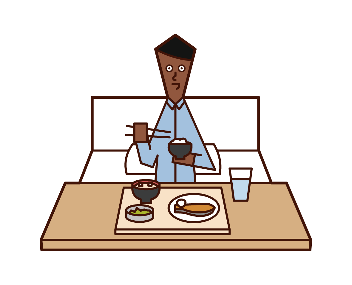 病院で食事をする人（男性）のイラスト