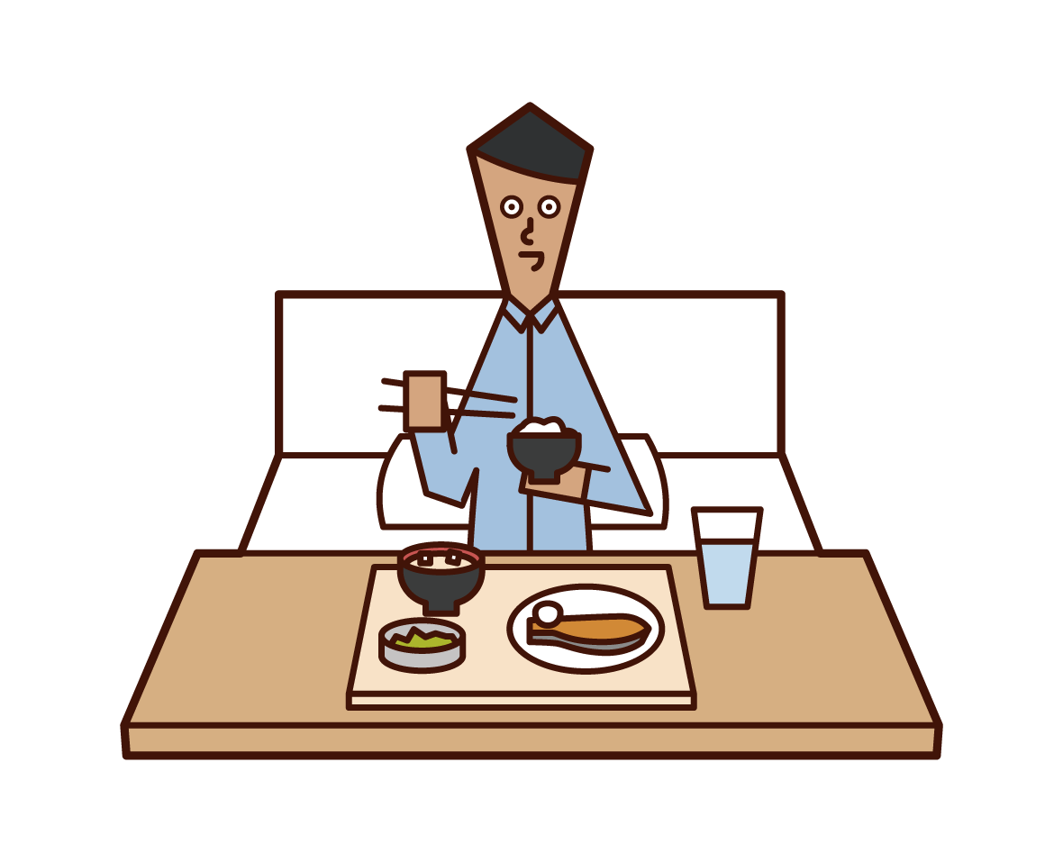 Illustration of a man eating in a hospital