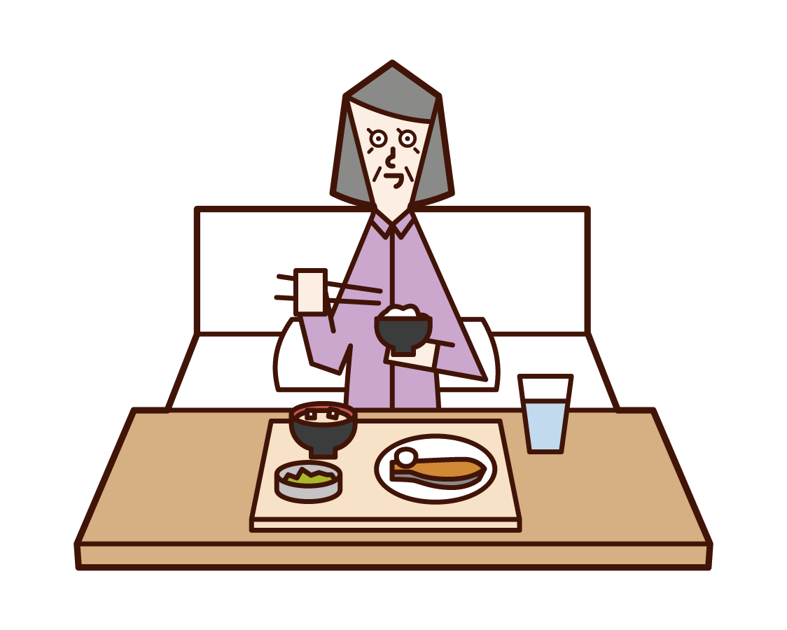 病院で食事をする老人（女性）のイラスト