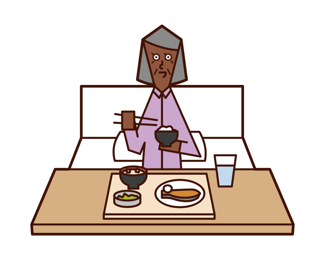 病院で食事をする老人（女性）のイラスト