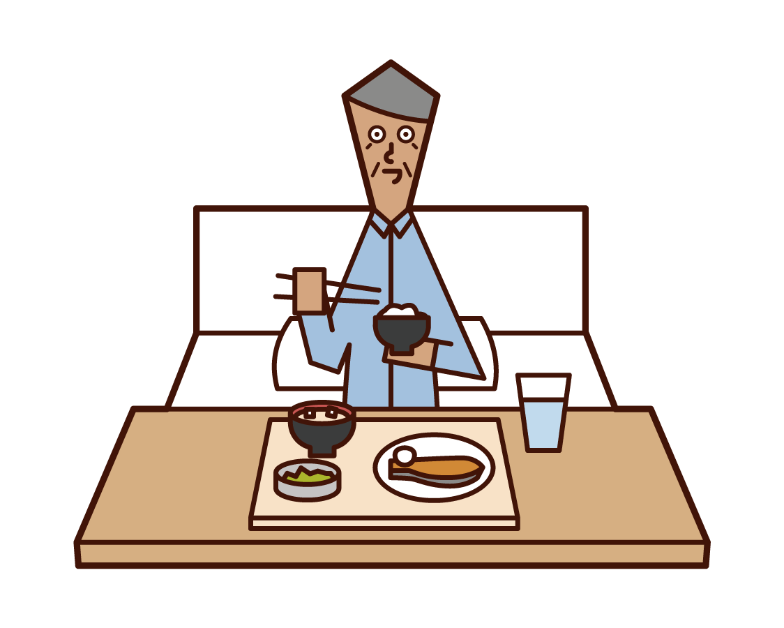 病院で食事をする老人（男性）のイラスト