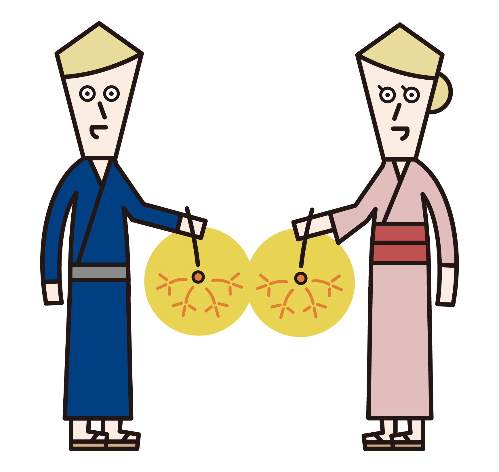 Illustration of a couple wearing a yukata enjoying incense fireworks