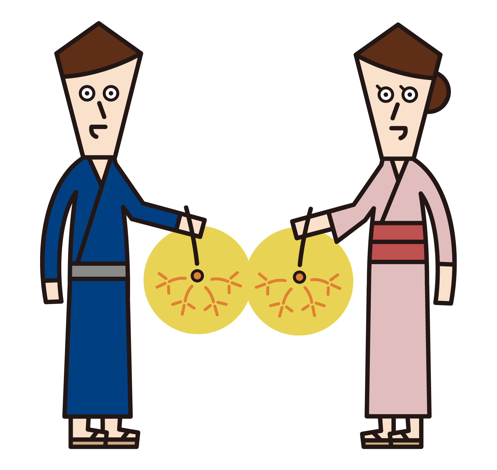 Illustration of a couple wearing a yukata enjoying incense fireworks