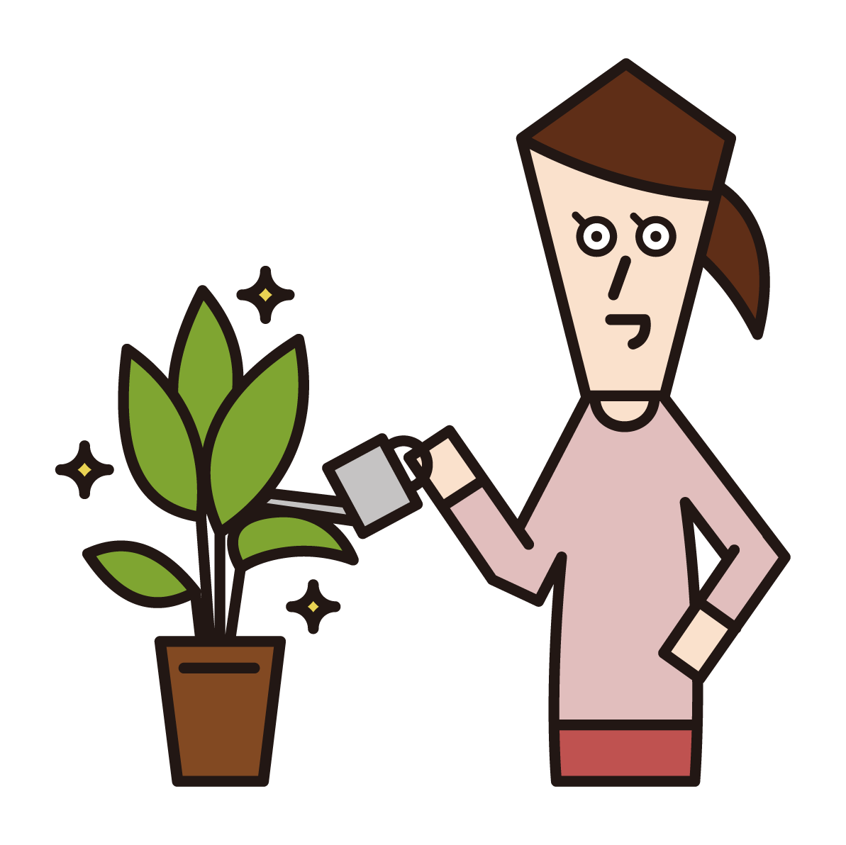 Illustration of a woman who gives water to plants