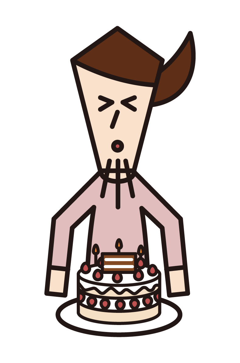 誕生日ケーキの火を消す人（女性）のイラスト