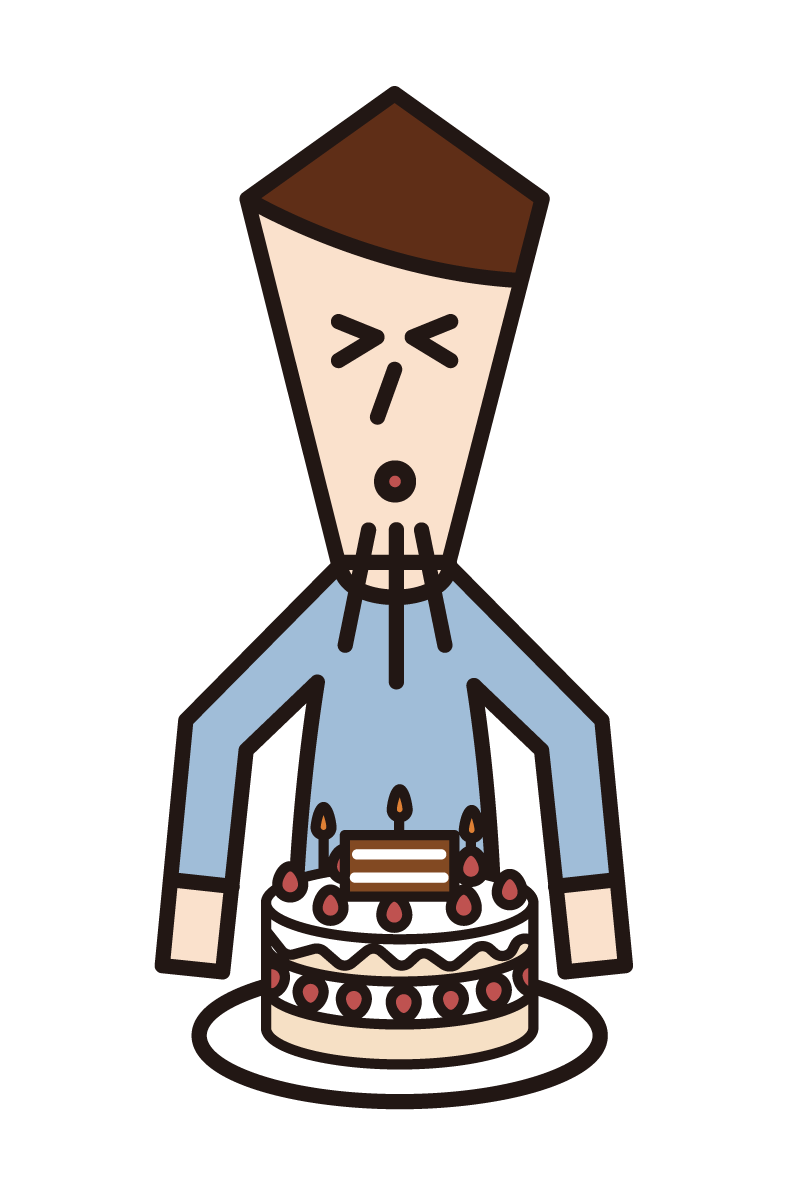 생일 케이크를 소화하는 남자의 일러스트