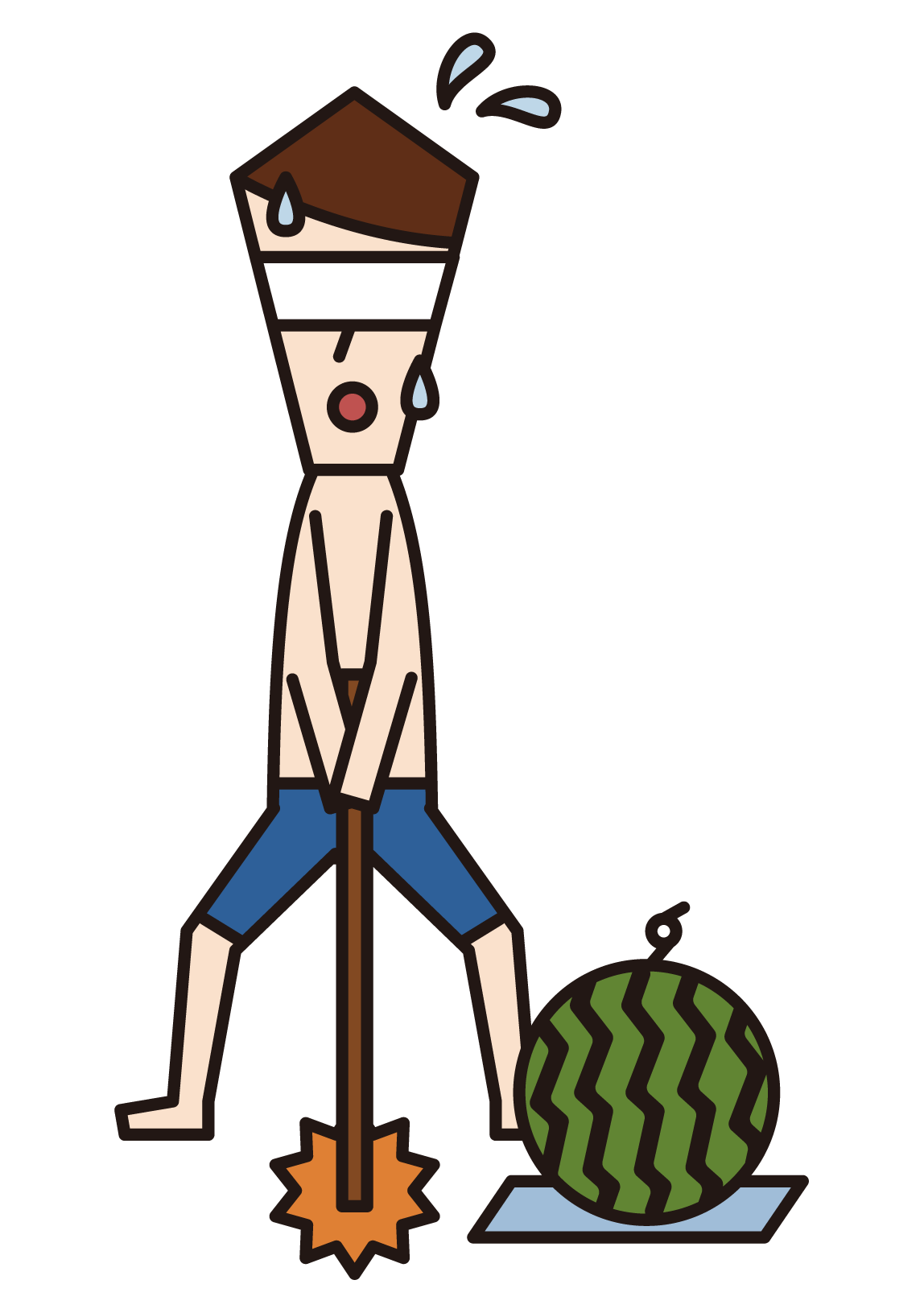 Illustration of a man who swings with a watermelon split