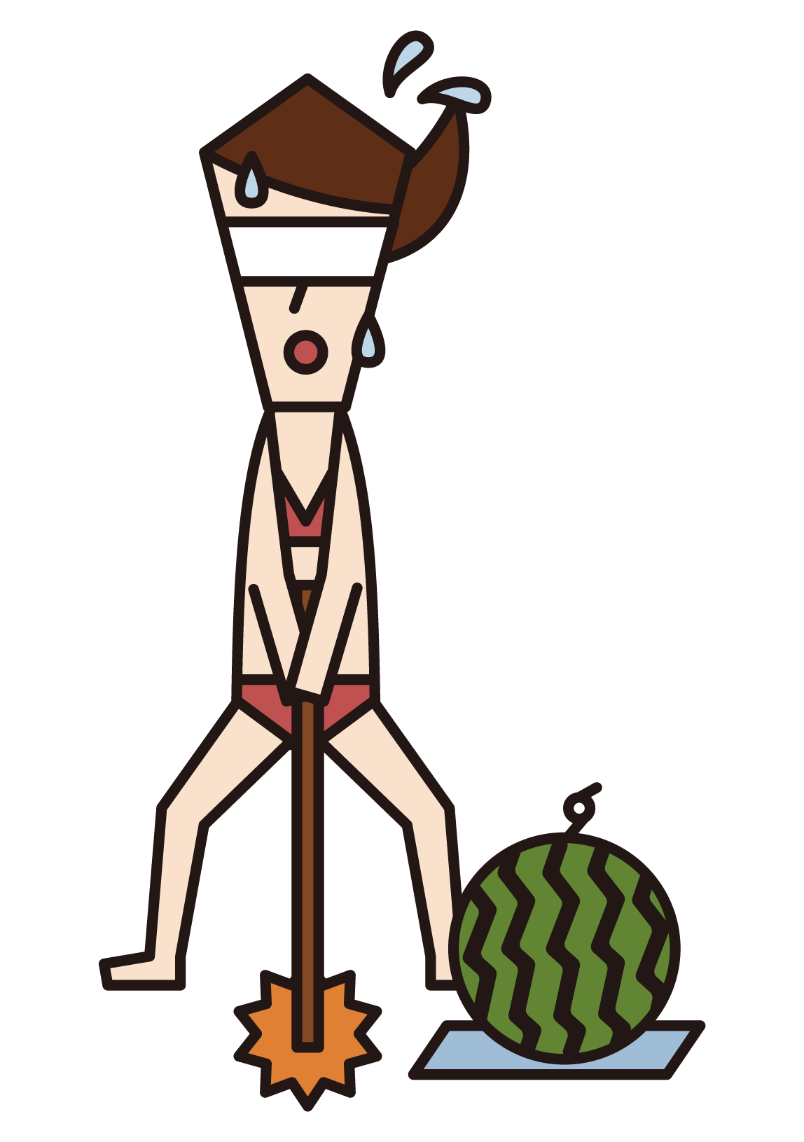 Illustration of a man who swings with a watermelon split