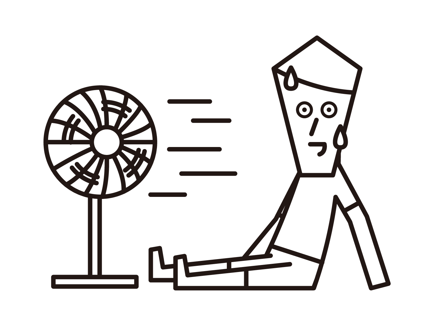 Illustration of a man cooling down in the wind of a fan