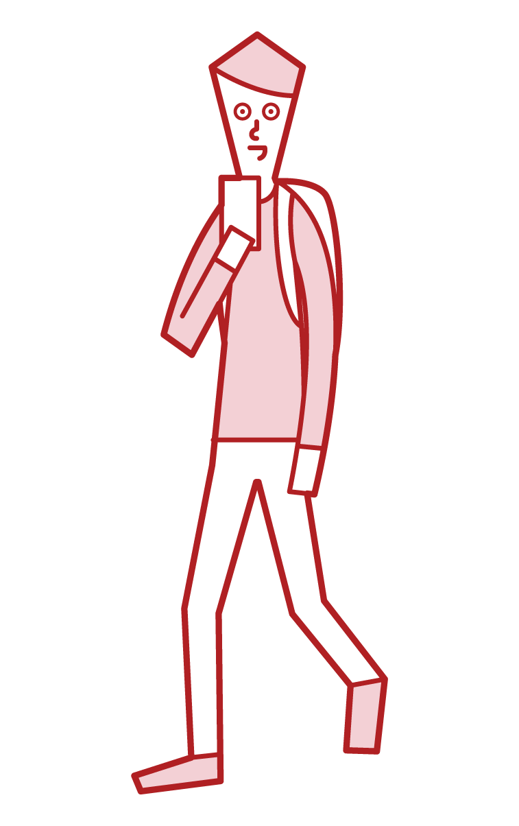 行走時操作智慧手機的人（男性）的插圖