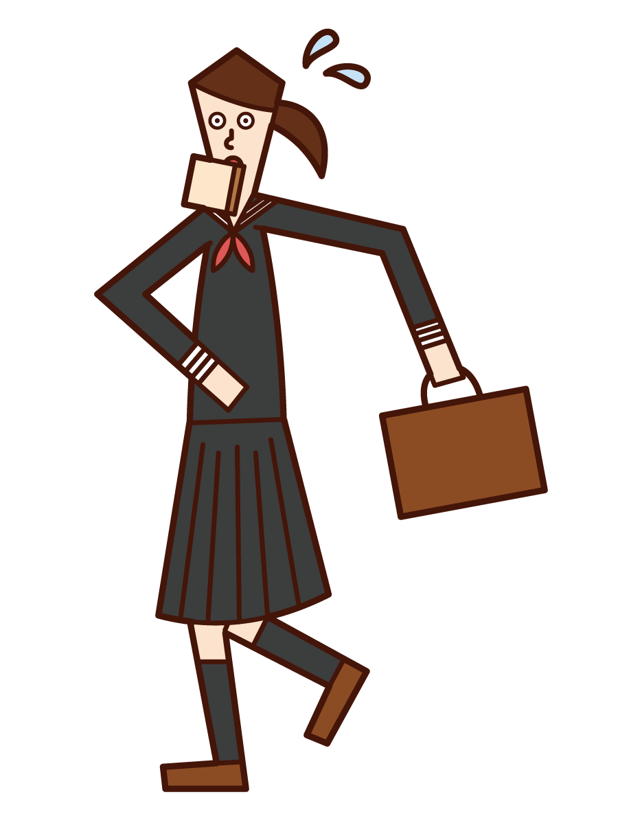 Illustration of a student (woman) who overslept in the morning and went to school in a hurry