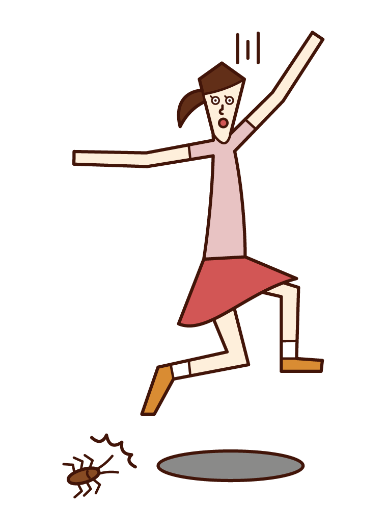 Illustration of a woman who jumps in surprise with insects