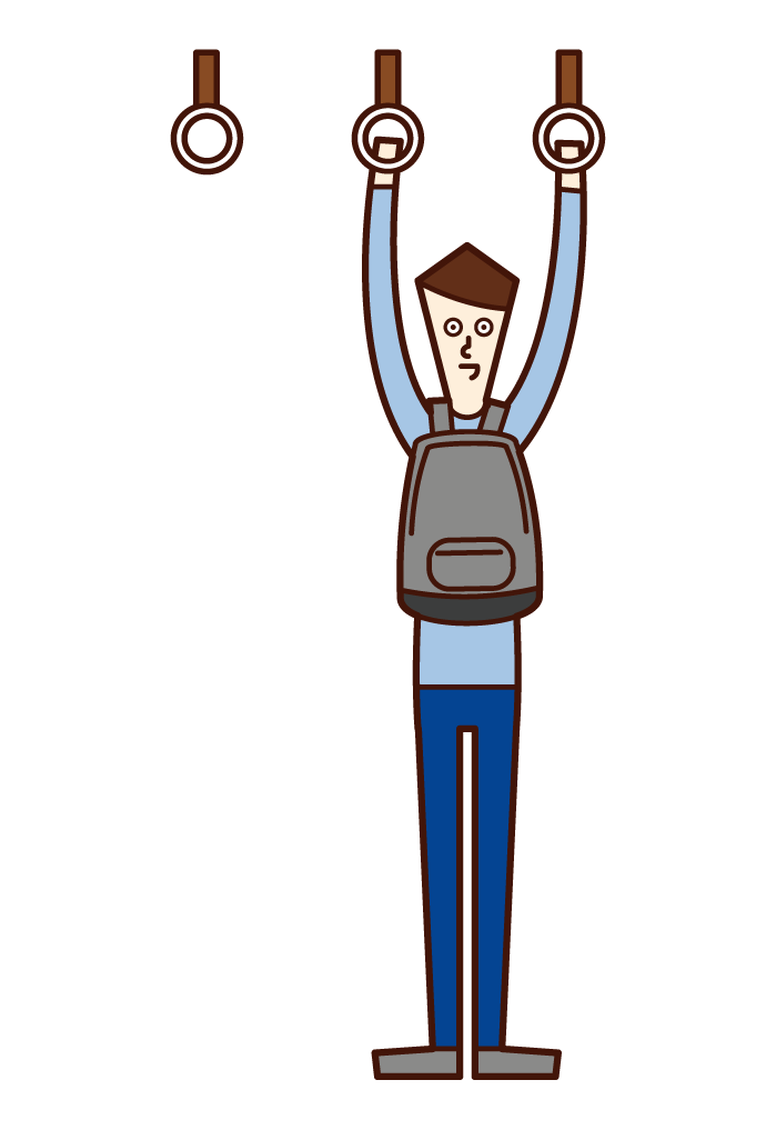 Illustration of a man carrying a bag in front of his body on a train