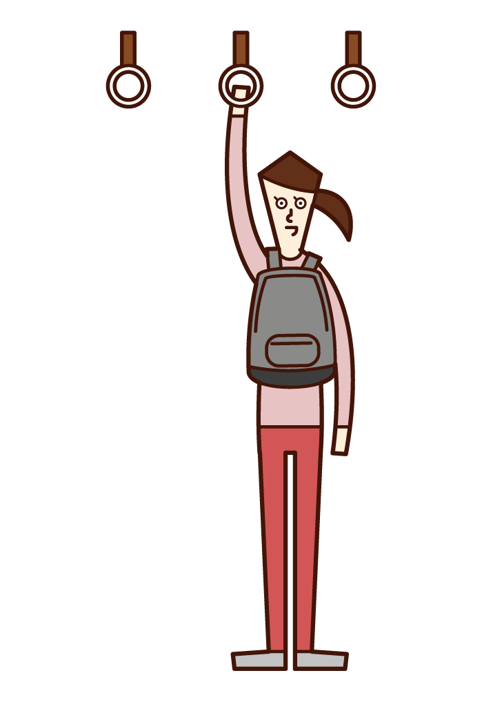 Illustration of a woman carrying a bag in front of her body on a train