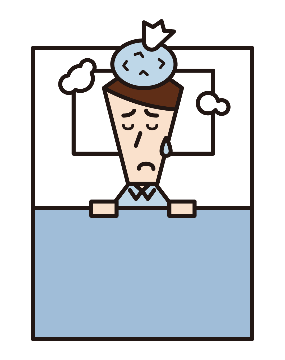 Illustration of a man who has a cold and goes to bed
