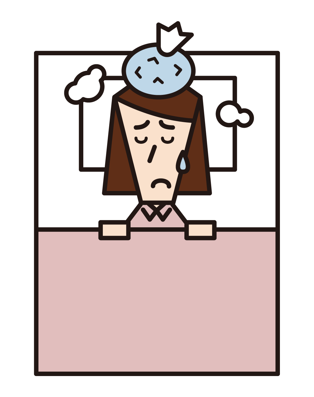 Illustration of a woman who has a cold and goes to bed