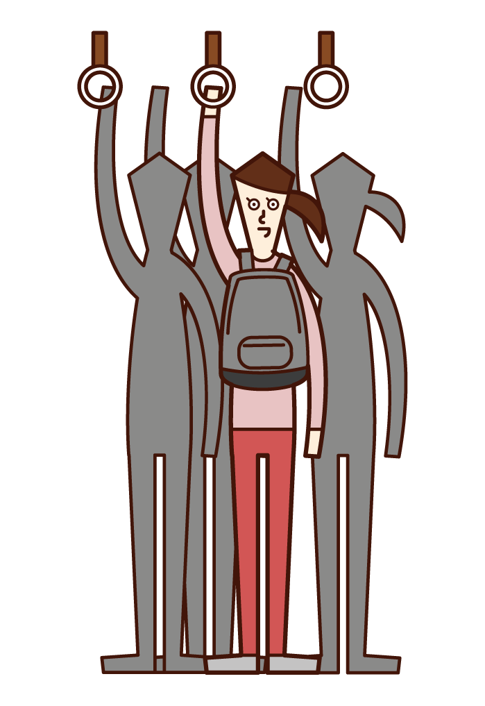 Illustration of a woman carrying a bag in front of her body in a crowded train