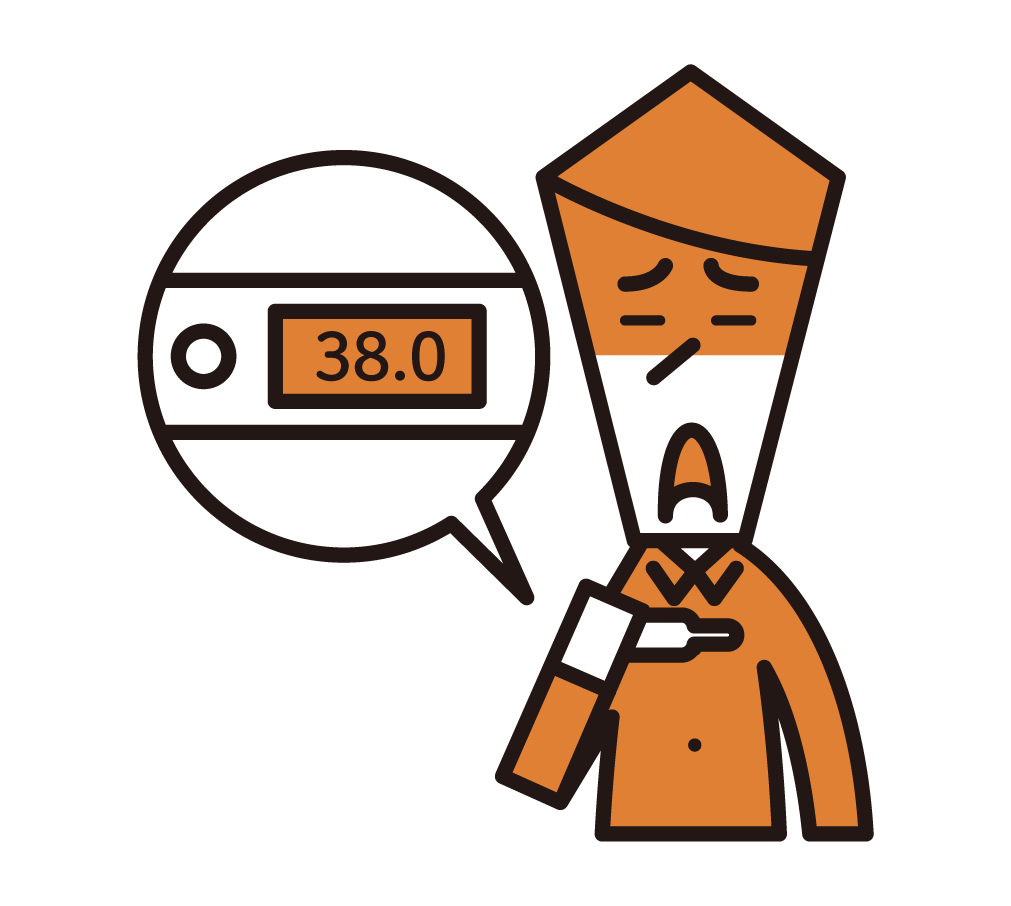 体温計を持っている発熱中の人（男性）のイラスト