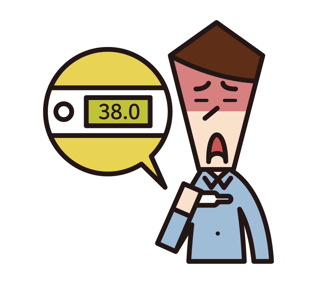Illustration of a man with a fever who has a thermometer