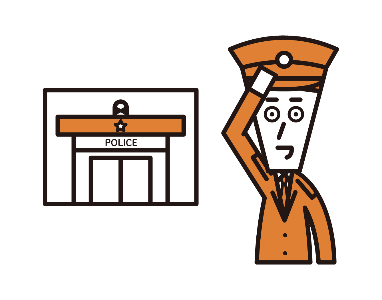 Illustration of a police officer (male) saluteing in front of a police box