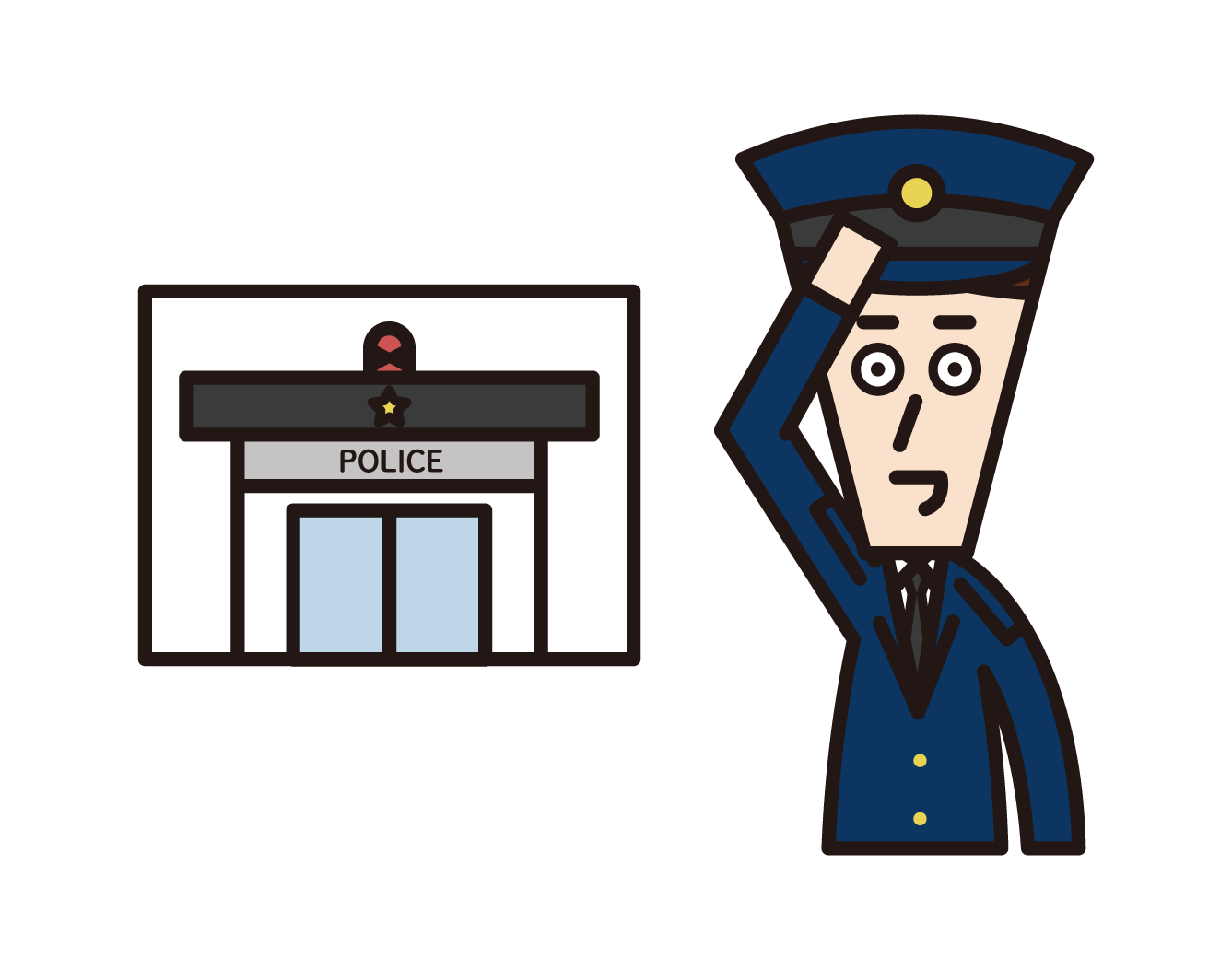 Illustration of a police officer (male) saluteing in front of a police box