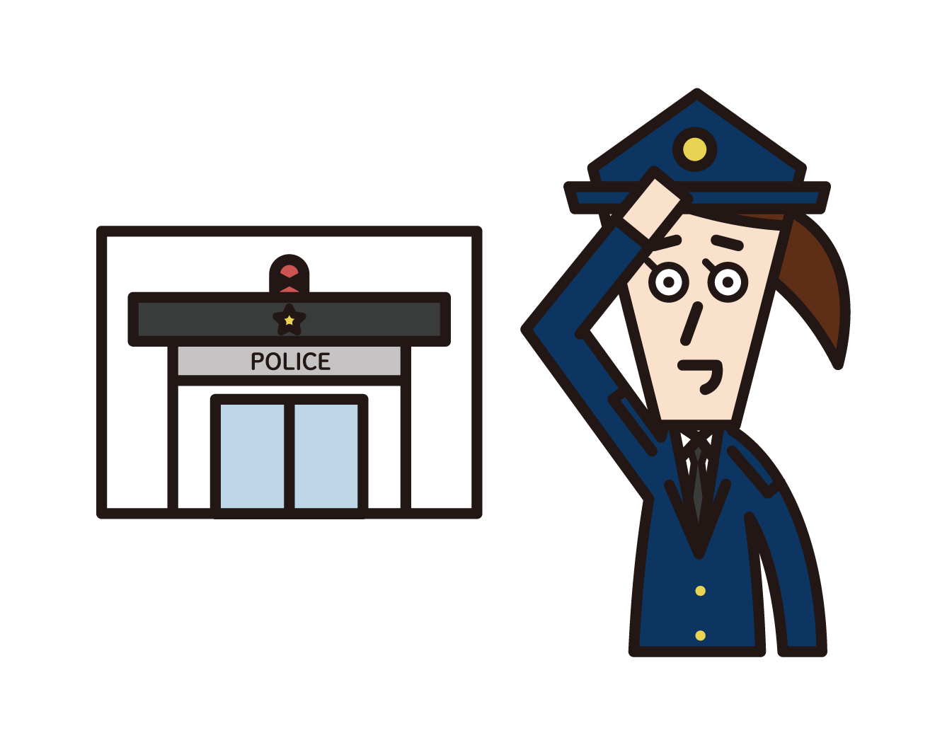 交番の前で敬礼する警察官（男性）のイラスト