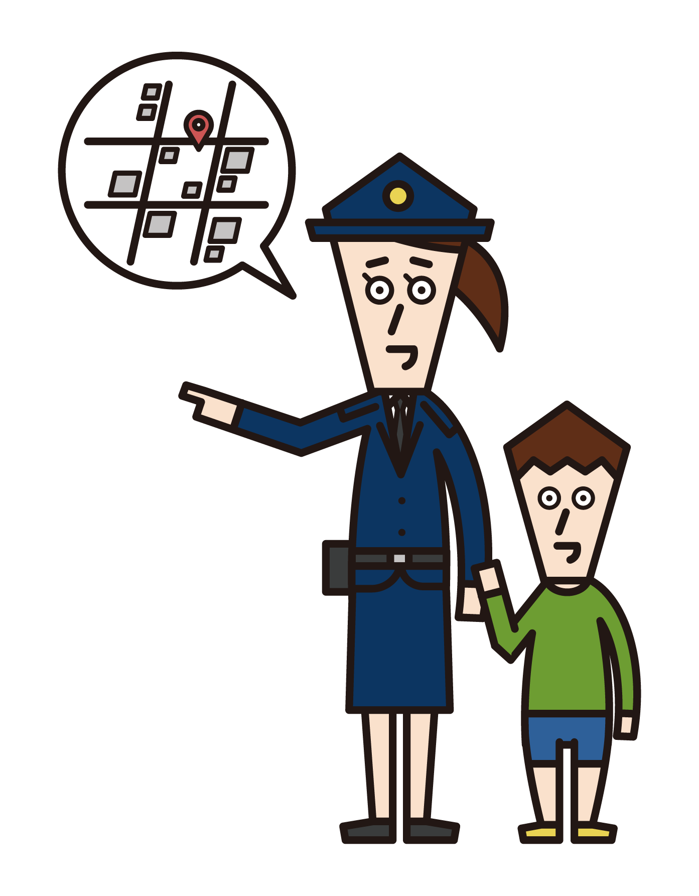 Illustration of a child (girl) asking a police officer for directions