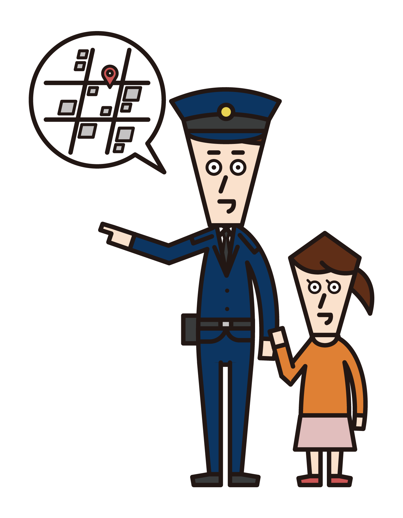 Illustration of a child (a boy) asking a police officer for directions