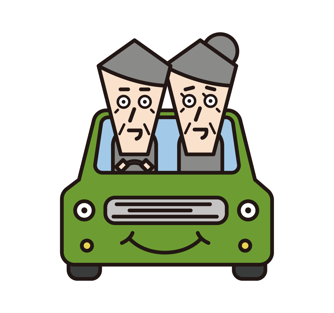 Illustration of an elderly couple driving a car