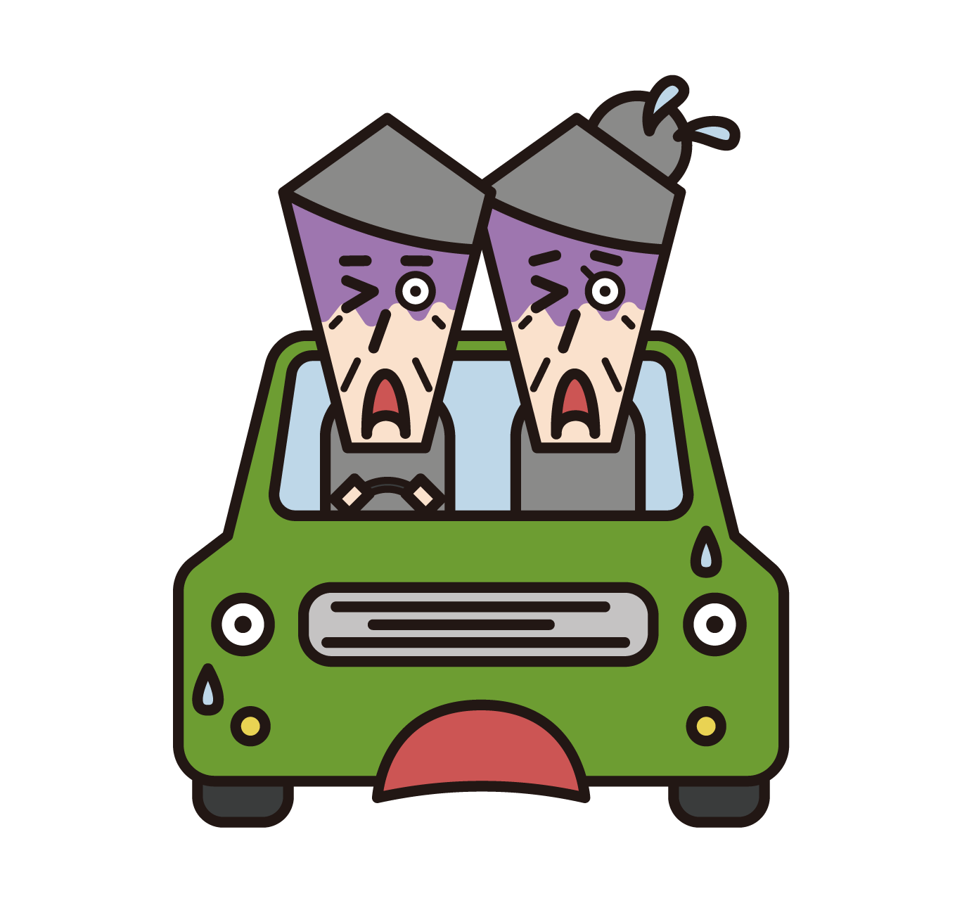 Illustration of a car and a driver (couple) who are surprised to be surprised at the danger
