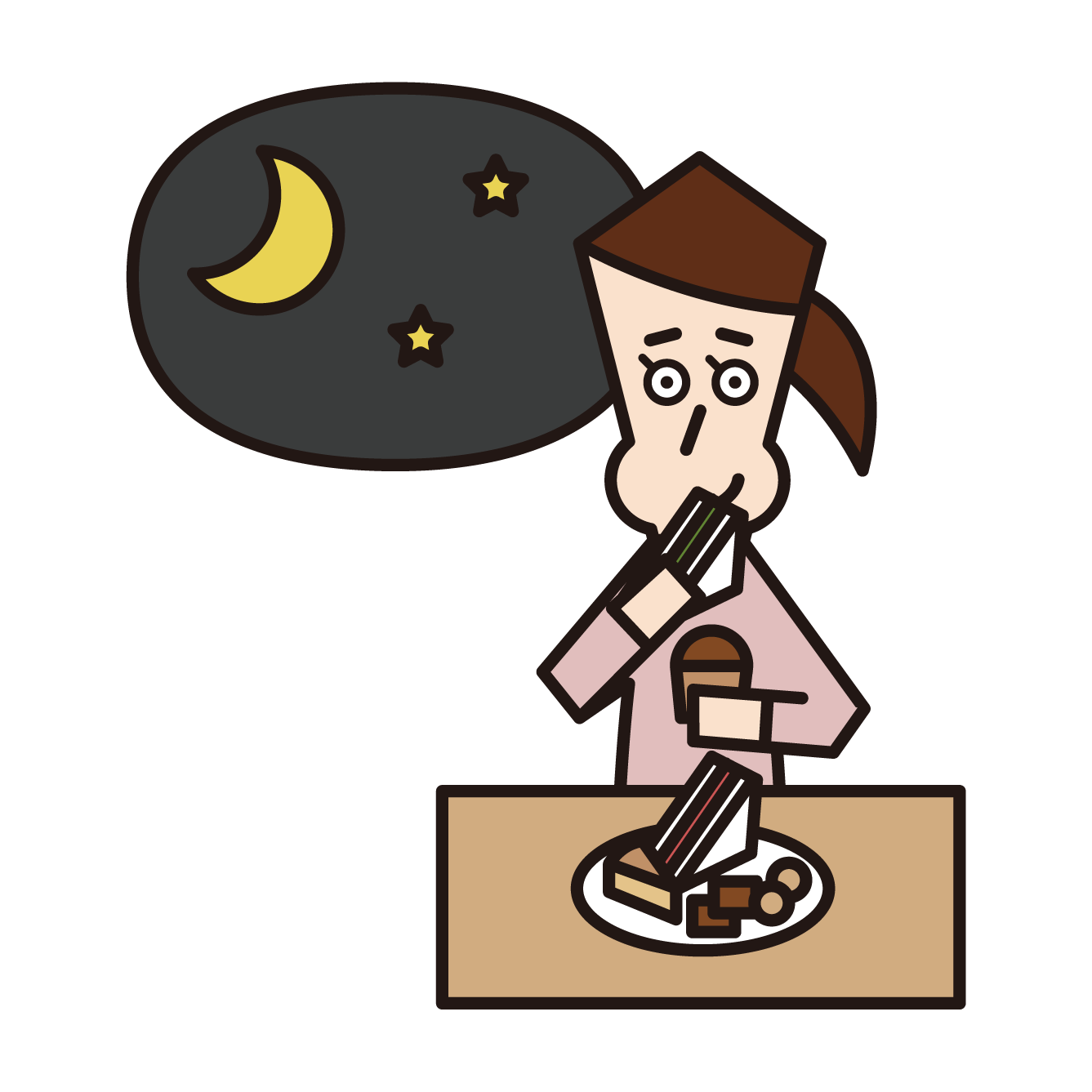 Illustration of a woman who eats noodles for a late night snack