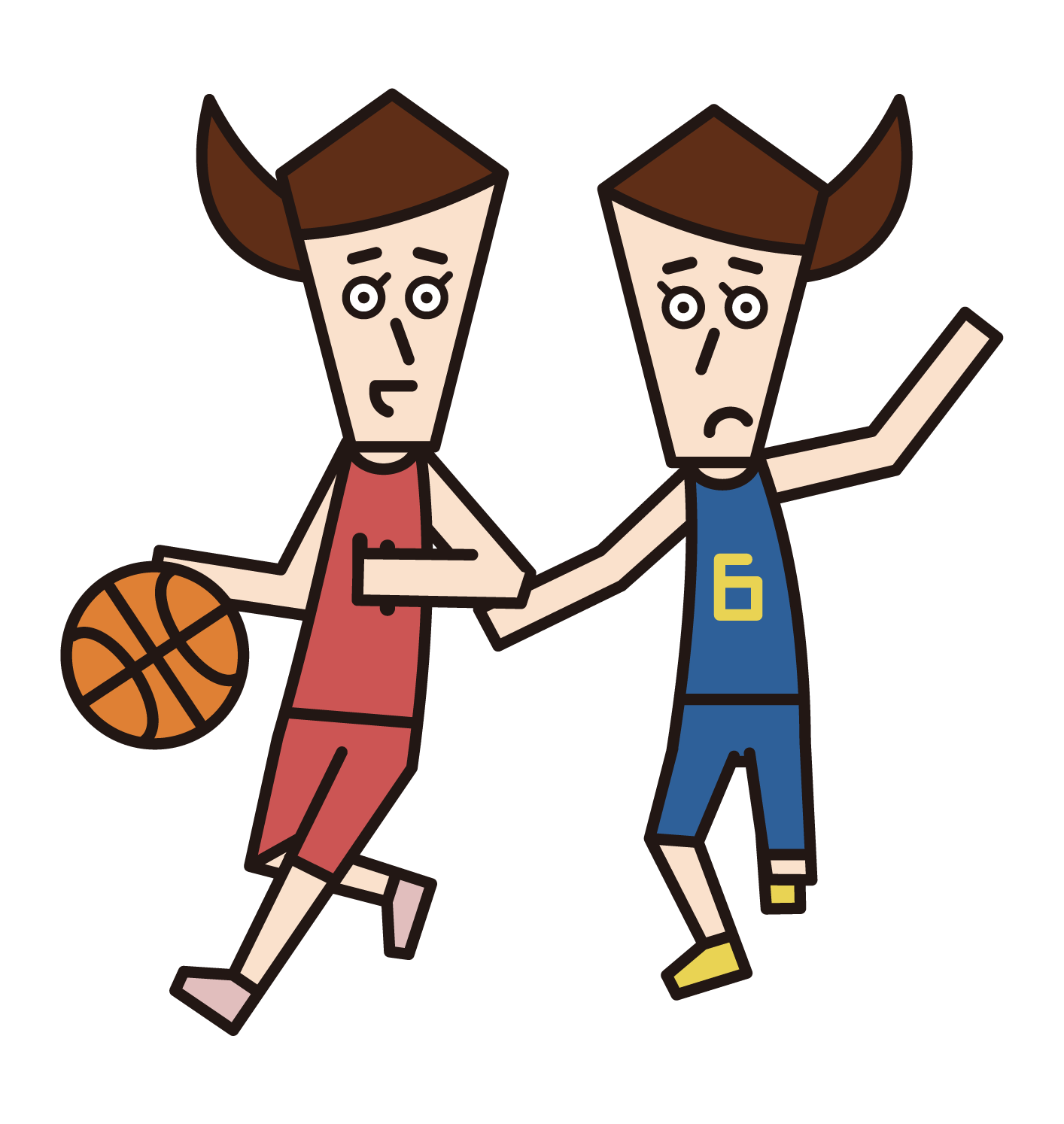 Illustration of a dribbling player and a basketball player (woman) defending
